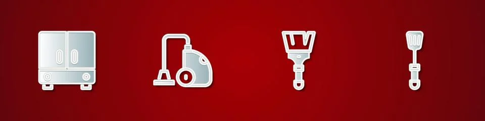 Set Wardrobe, Vacuum cleaner, Paint brush and Spatula icon. Vector Stock Illustration