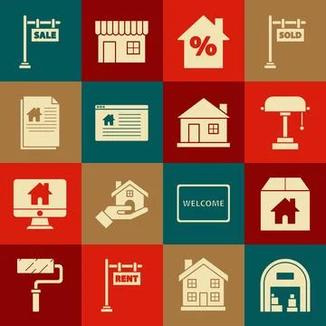Set Warehouse, Cardboard box with, Table lamp, House percant discount tag, .. Stock Illustration