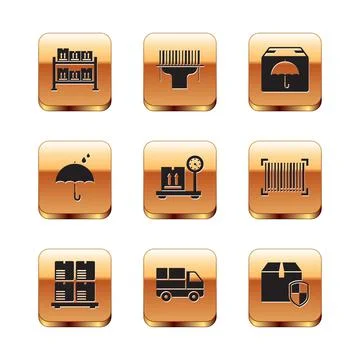 Set Warehouse, Cardboard boxes on pallet, Delivery truck with, Scale cardboard Stock Illustration