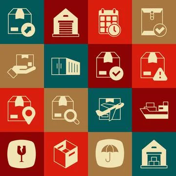 Set Warehouse, Cargo ship with boxes delivery, Delivery security shield Stock Illustration