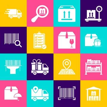 Set Warehouse, Cargo ship with boxes, Cardboard traffic, Verification of Stock Illustration