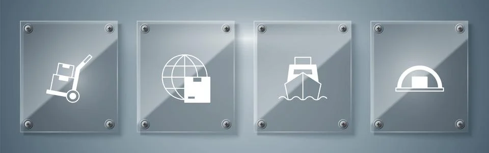 Set Warehouse, Cargo ship with boxes delivery, Worldwide shipping and Hand truck Stock Illustration
