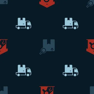 Set Warehouse check, Search package and Delivery cargo truck on seamless pattern Stock Illustration