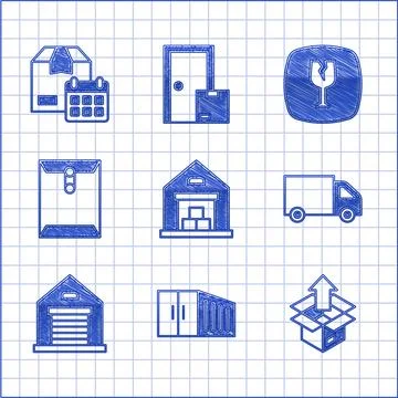 Set Warehouse, Container, Unboxing, Delivery cargo truck, Envelope, Fragile.. Stock Illustration