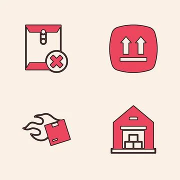 Set Warehouse, Delete envelope, This side up and Carton cardboard box icon... Stock Illustration