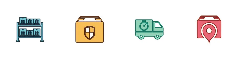 Set Warehouse, Delivery box security shield, truck and stopwatch and Location Stock Illustration