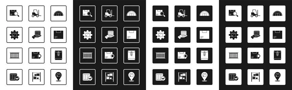 Set Warehouse, Delivery hand with boxes, Gear wheel package, Search, Carton Ilustración de archivo