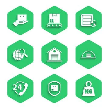 Set Warehouse, Delivery pack security with shield, Weight, Hangar, Telephone 24 Stock Illustration