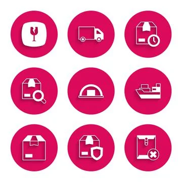 Set Warehouse, Delivery security with shield, Delete envelope, Cargo ship boxes Stock Illustration