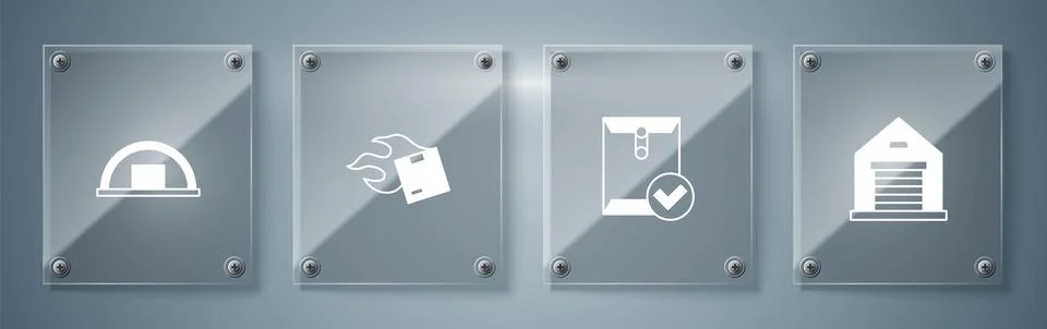 Set Warehouse, Envelope and check mark, Carton cardboard box and . Square gla 스톡 일러스트