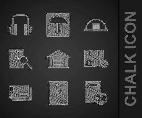 Set Warehouse, Envelope, Delivery with cardboard boxes, Package check mark Stock Illustration