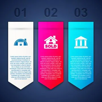 Set Warehouse, Hanging sign with text Sold and Museum building. Business Ilustración de archivo