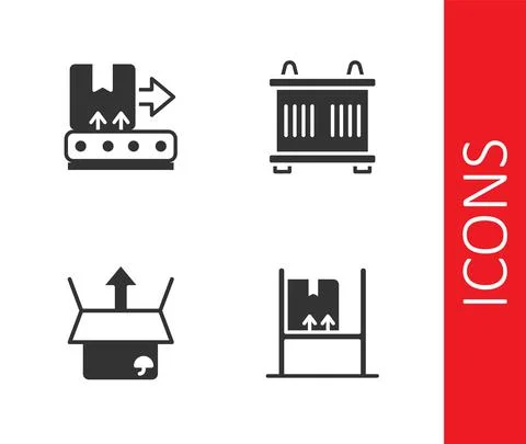 Set Warehouse interior with boxes, Conveyor belt, Unboxing and Container icon 스톡 일러스트