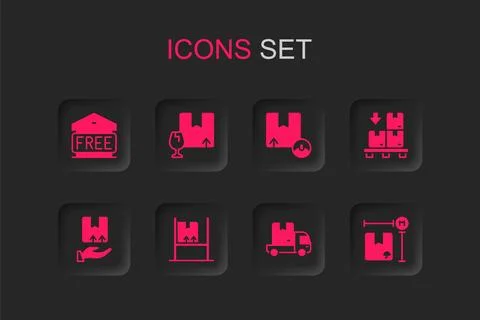 Set Warehouse interior with boxes, Package fragile content, Free storage, D.. Illustrazione stock