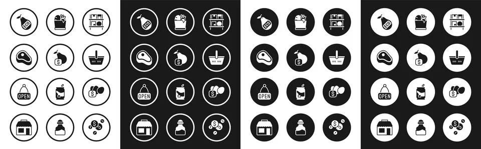 Set Warehouse interior with boxes, Price tag for pear, Steak meat, Healthy Illustrazione stock