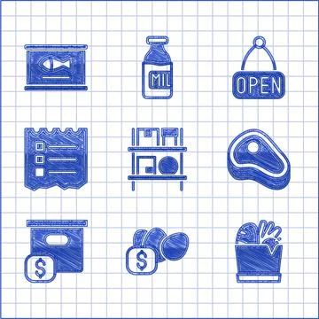 Set Warehouse interior with boxes, Price tag for egg, Shopping bag and food Stock Illustration