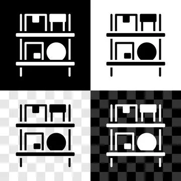 Set Warehouse interior with boxes on racks icon isolated on black and white Illustrazione stock