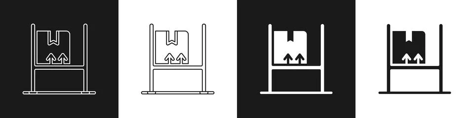 Set Warehouse interior with boxes on racks icon isolated on black and white Illustrazione stock