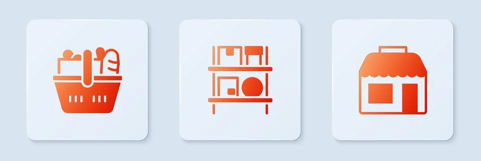 Set Warehouse interior with boxes, Shopping basket and food and Market store Stock Illustration