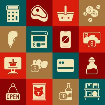 Set Warehouse interior with boxes, Spice can, Credit card, Shopping basket Stock Illustration