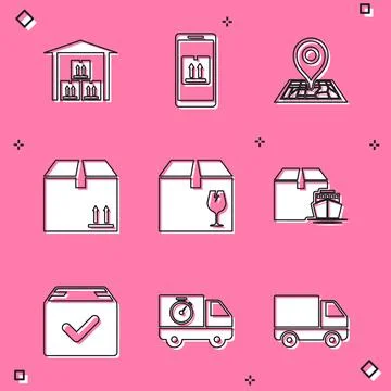 Set Warehouse, Mobile with app tracking, Placeholder on map, Cardboard box Stock Illustration