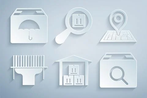 Set Warehouse, Placeholder on map, Scanner scanning bar code, Search package Stock Illustration