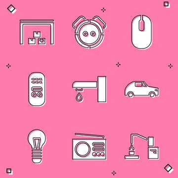 Set Warehouse, Robot vacuum cleaner, Computer mouse, Remote control, Water tap Stock Illustration