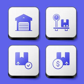 Set Warehouse, Scale with cardboard box, Carton and icon. White square button Stock Illustration