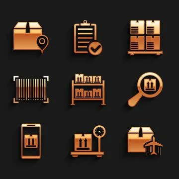 Set Warehouse, Scale with cardboard box, Plane and, Search package, Mobile app Illustrazione stock