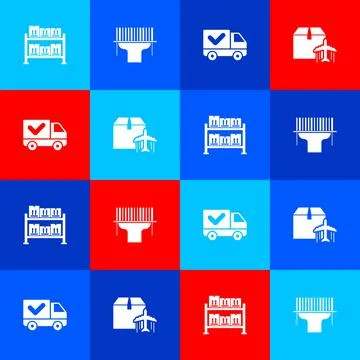 Set Warehouse, Scanner scanning bar code, Delivery truck with check mark and Illustrazione stock