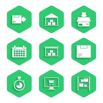 Set Warehouse, Shopping cart on computer, Carton cardboard box, Stopwatch Stock Illustration