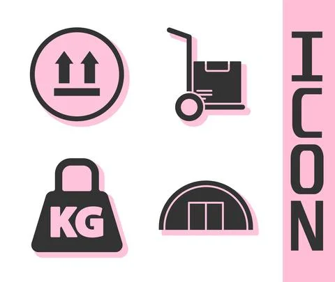 Set Warehouse, This side up, Weight and Hand truck and boxes icon. Vector Stock Illustration