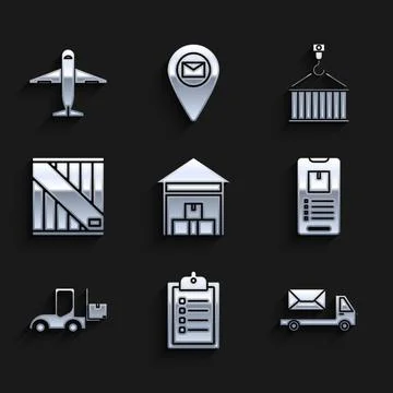 Set Warehouse, Verification of delivery list clipboard, Post truck, Mobile phone Stock Illustration