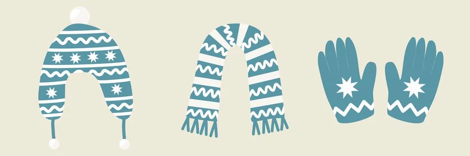 Set of warm ornate winter accessory, hat, scarf and gloves, flat style vector Stock Illustration