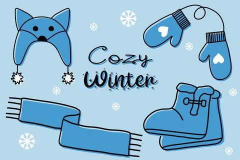 Set of warm winter accessory, cute hat, boots with fur, scarf and mittens, flat Stock Illustration