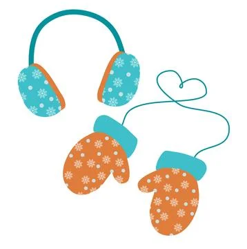 Set of Warm winter Clothes Earmuffs and Pair of Mittens with Snowflakes. Vector  Stock Illustration