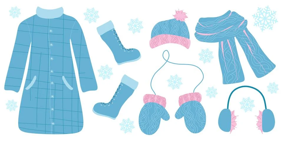 Set of Warm winter Clothes. Hat, Pair of Mittens, Coat and boots. Vector illustr Stock Illustration