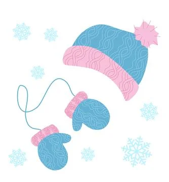 Set of Warm winter Clothes. Hat and Pair of Mittens vector illustration isolated Stock Illustration