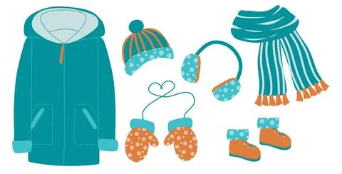Set of Warm winter Clothes. Hat, Pair of Mittens, Coat and boots. Vector illustr Stock Illustration