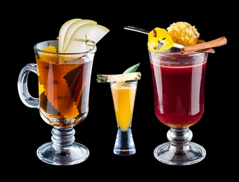 Set of warming drinks on dark background. Stock Photos