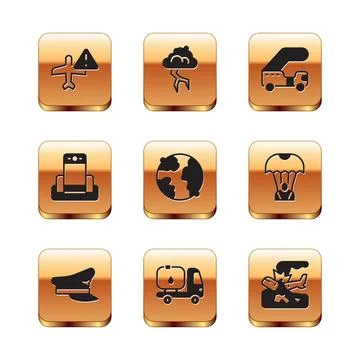 Set Warning aircraft, Pilot hat, Fuel tanker truck, Worldwide, Metal detect.. Stock Illustration