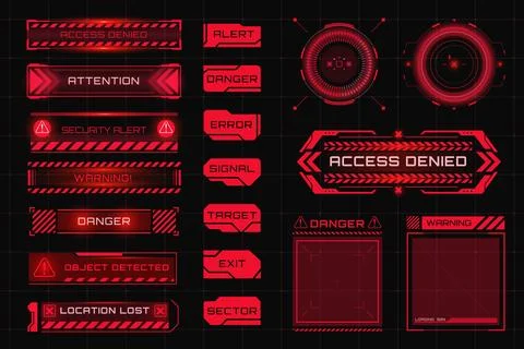 Set of warning, attention and alert red symbols. HUD caution and danger fra.. Stock Illustration