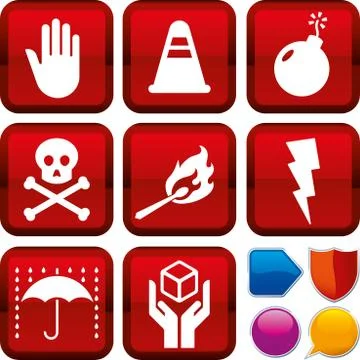 Set of warning icons on square buttons. Geometric style. Stock Illustration