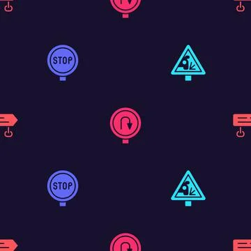 Set Warning road sign, Stop, Turn back and Road traffic on seamless pattern Stock Illustration