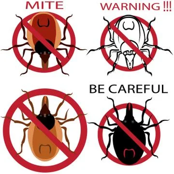 A set of warning sign. Spider mites. Red mite. Mite allergy. Epidemic. Mite.. Stock Illustration