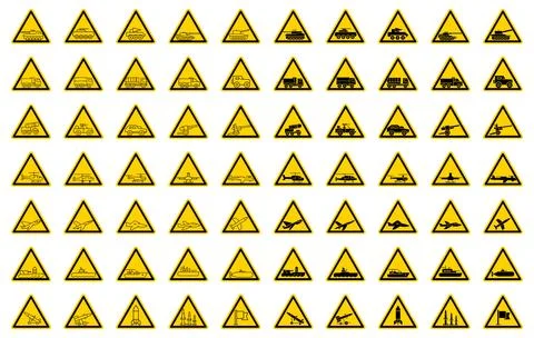 Set of Warning Signs Featuring Vehicles and Machinery Icons in Yellow Trian.. Stock Illustration