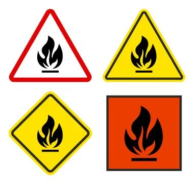 Set of warning signs flammable triangular, square with yellow and red. Illustrazione stock