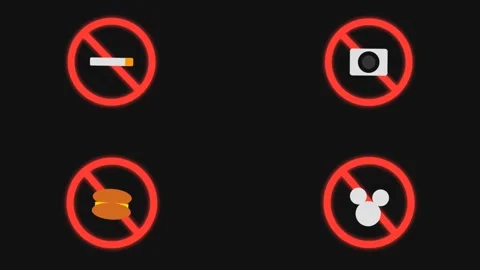 Set of warning signs for no smoking no photography no food and no mouse icon. Stock Footage 333373971