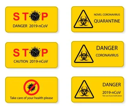 Set of warning stop signs with virus inside, stop symbol with coronavirus. Stock Illustration