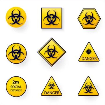 Set of warning stop signs with virus inside, stop symbol with coronavirus. Stock Illustration